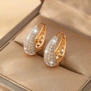 Pave Crystal Huggie Earrings Gold Tone Oval Sparkly Hoops NEW